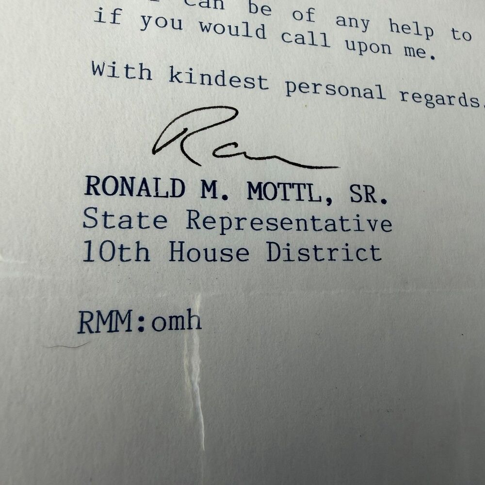 Ronald Mottl Signed Letter Autograph US Congressman Ohio 23rd District Parma